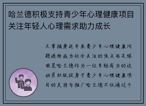 哈兰德积极支持青少年心理健康项目关注年轻人心理需求助力成长