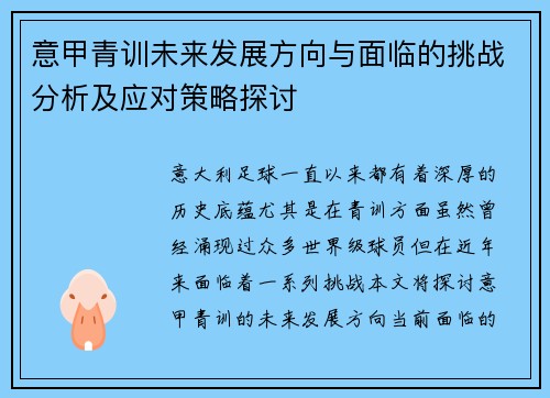 意甲青训未来发展方向与面临的挑战分析及应对策略探讨