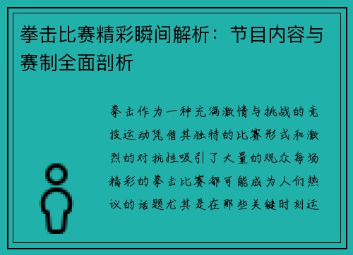 拳击比赛精彩瞬间解析：节目内容与赛制全面剖析